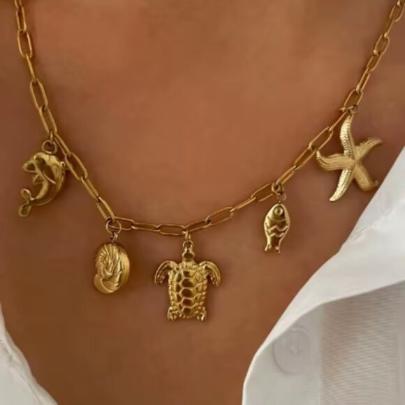 Summer Necklace, Starfish Necklace, Dolphin, Turtle, Charm Necklace, Gold Charm - Picture 3 of 3